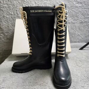 NIB Ilse Jacobsen Hornbaek Black Lace-Up Tall Rain Boots Fleece Lined EU 35 US 5